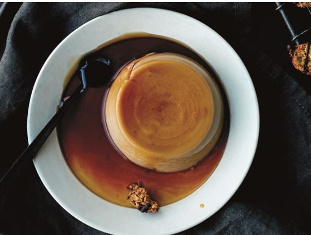 Vegan espresso crème caramel with pistachio biscotti