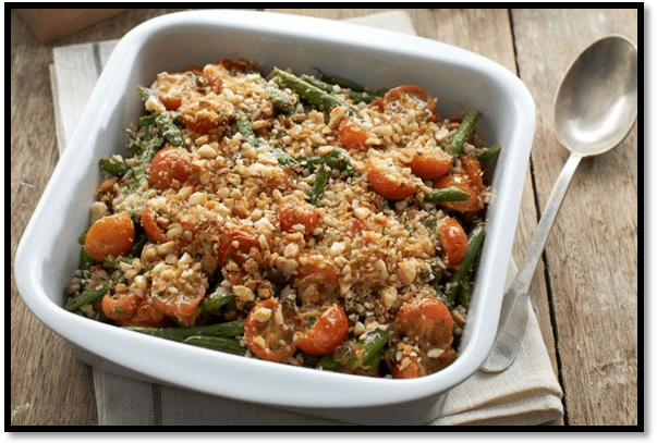Green bean gratin with cherry tomato confit and macadamia nuts