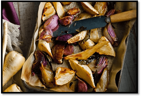 Maple roast parsnip with pear and sage