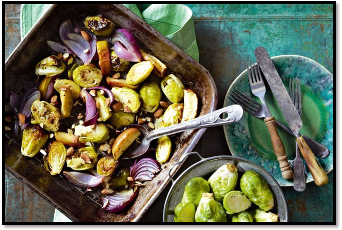 Roast brussels sprouts with apples and red onion