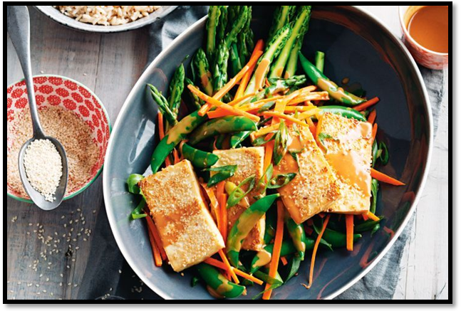 Sesame-crusted tofu with spring vegie salad