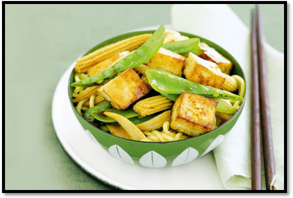 Tofu, snow pea and corn stir-fry