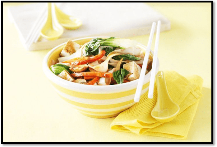 Stir-fried noodles with tofu and pak choy