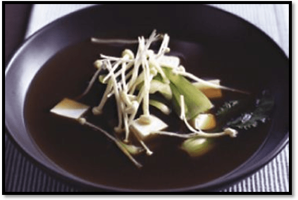 Miso broth with silken tofu and Asian greens