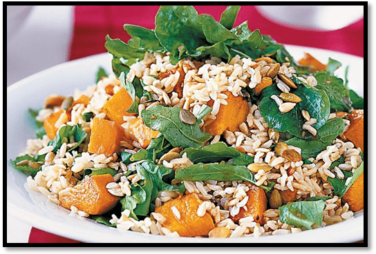Brown rice, roast pumpkin and seed salad