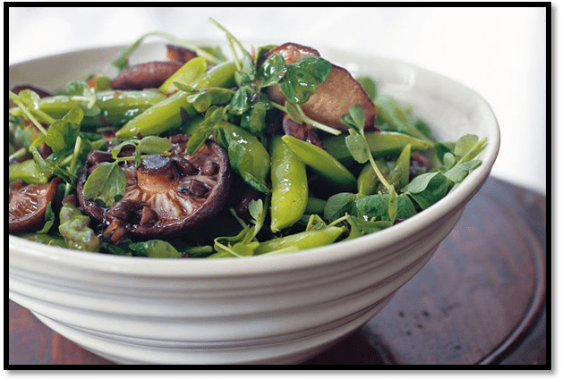 Sugar snap pea, roasted shiitake & black bean salad