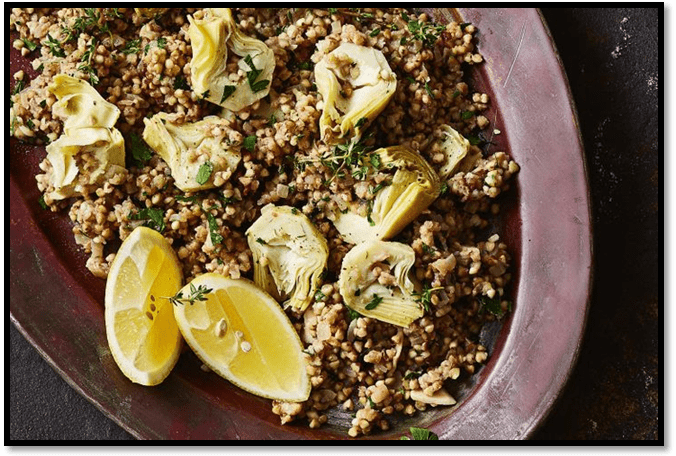 Toasted buckwheat with lemon and artichokes
