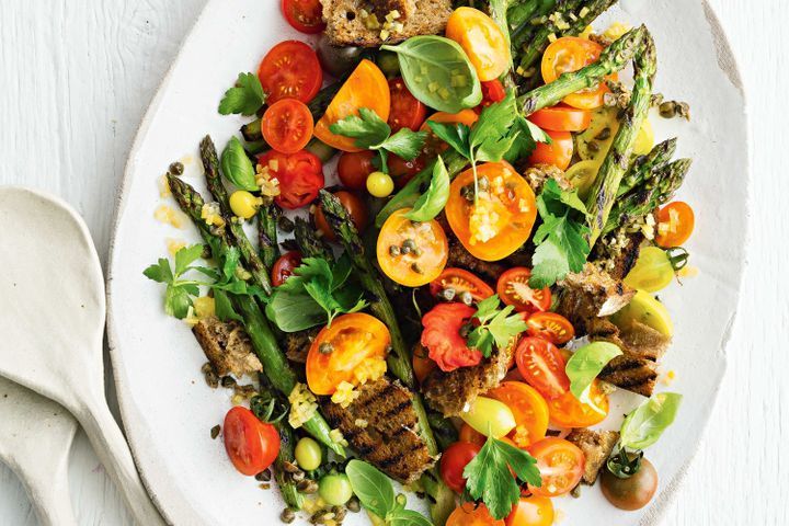 Grilled asparagus and tomato salad with preserved lemon