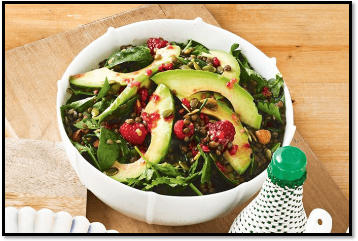 Avocado, raspberry and lentil salad