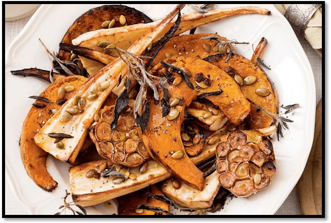 Roasted pumpkin and parsnip with sweet garlic and crispy sage
