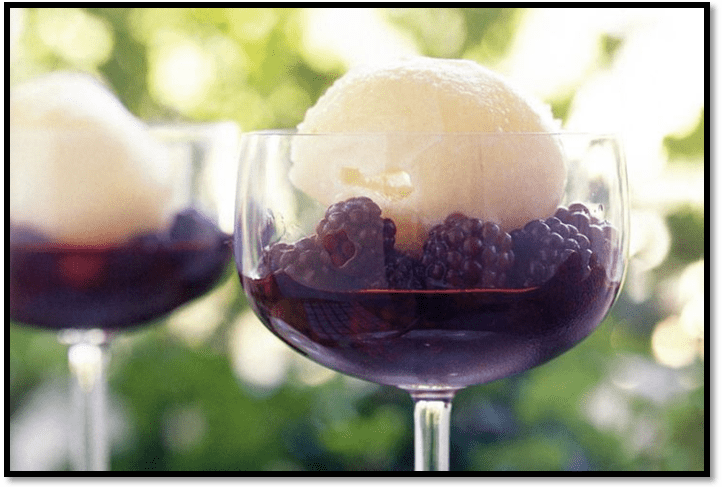 Lychee sorbet with spiced blackberries