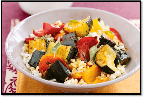 Brown rice and harissa roasted vegetable salad