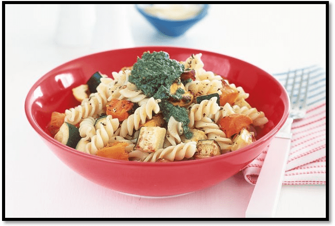 Fusilli with roasted vegetables and basil pesto