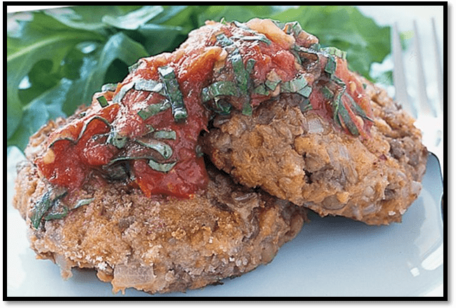 Low-GI lentil patties with roast tomato sauce