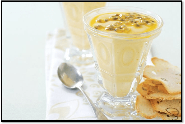 Mango and passionfruit soy cream dessert