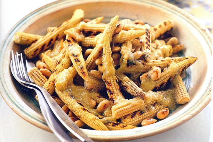 Baby corn and toasted almond salad with wasabi dressing