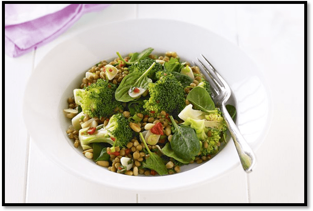 Broccoli and lentil salad with chilli and pine nuts