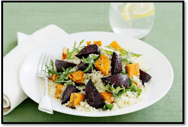 Roasted beetroot, sweet potato and couscous salad