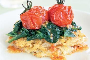 Hash browns with baby tomatoes and spinach
