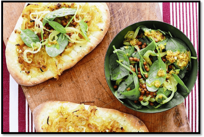 Spiced onion naan with lentil salad