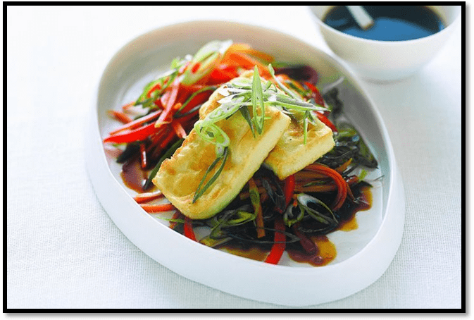 Pan-fried tofu with ponzu dressing and shredded vegetables