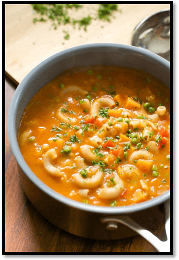 Pasta Soup with Sweet Potato and Peas