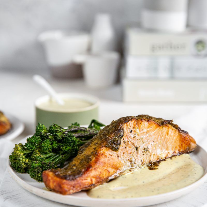 BAKED SALMON WITH PESTO AND BROCCOLI