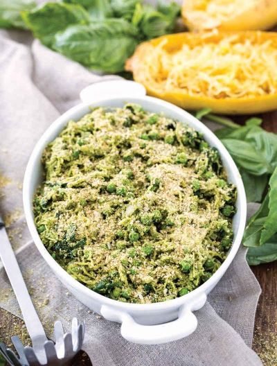 Pecan Pesto Spaghetti Squash with Peas & Kale
