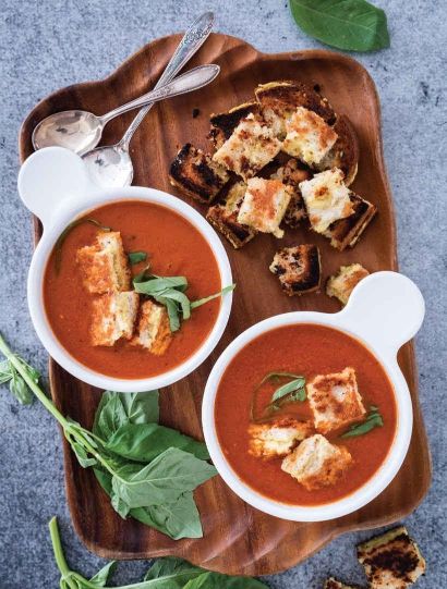 Creamy Roasted Garlic–Tomato Soup with Grilled Cheese Croutons